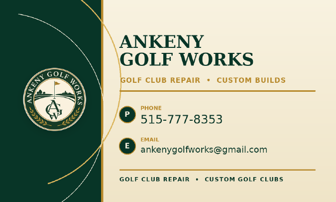 Ankeny Golf Works contact card with phone number and email